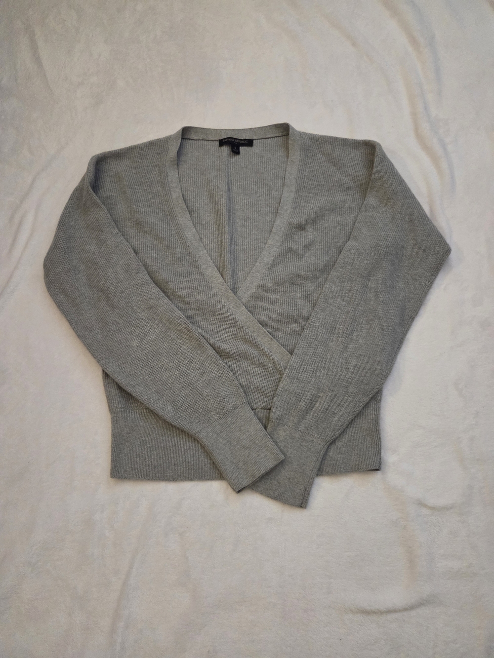 Grey Ribbed Wrap-Front Women's Sweater